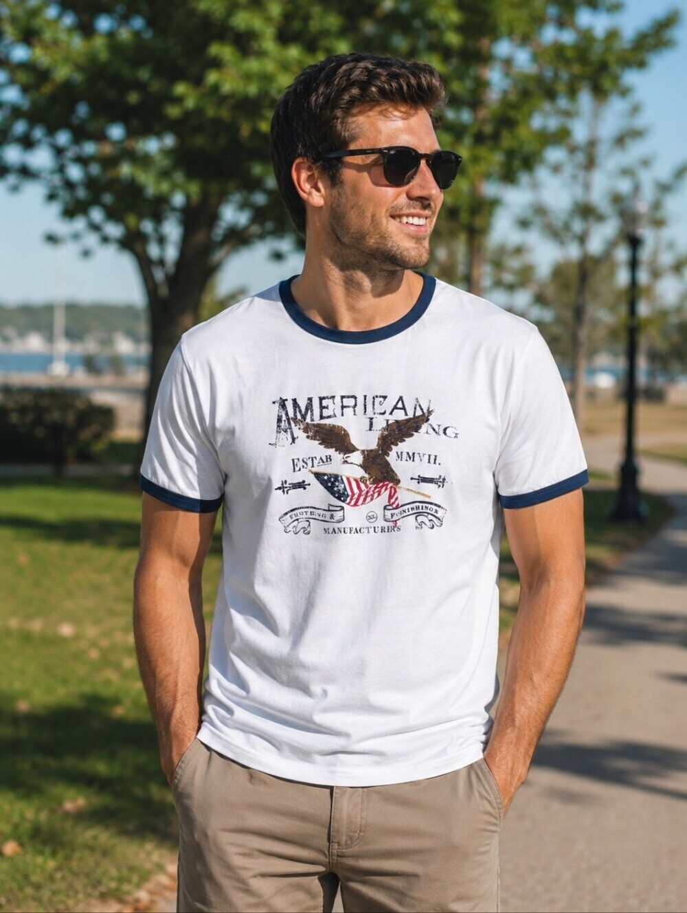 NWT American Living Ralph Lauren Patriotic Eagle Ringer Tee Shirt XL White Navy